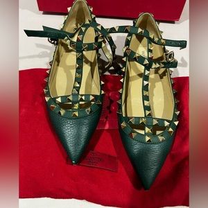 Valentino Garavani  Rockstud Caged Leather Ballerina Flat green size 37